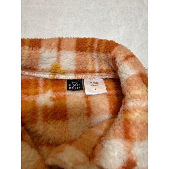 Disney Mickey Mouse Plaid Sherpa Fleece Shacket Shirt Jacket Orange White L - Picture 3 of 10